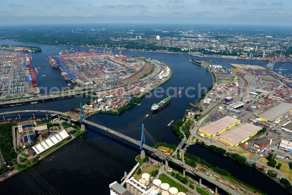 Aerial image Hamburg - River - bridge construction Koehlbrandbruecke on Koehlbrandbrueckenlauf over the port Rugenberger Hafen in the district Steinwerder in Hamburg, Germany