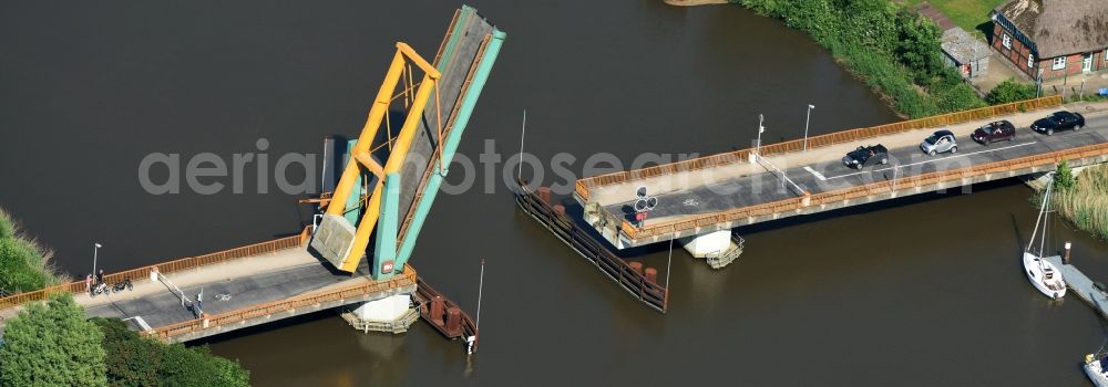 Heiligenstedten from above - River - bridge construction the bascule bridge on the banks of the Stoer river path in Heiligenstedten in the state Schleswig-Holstein