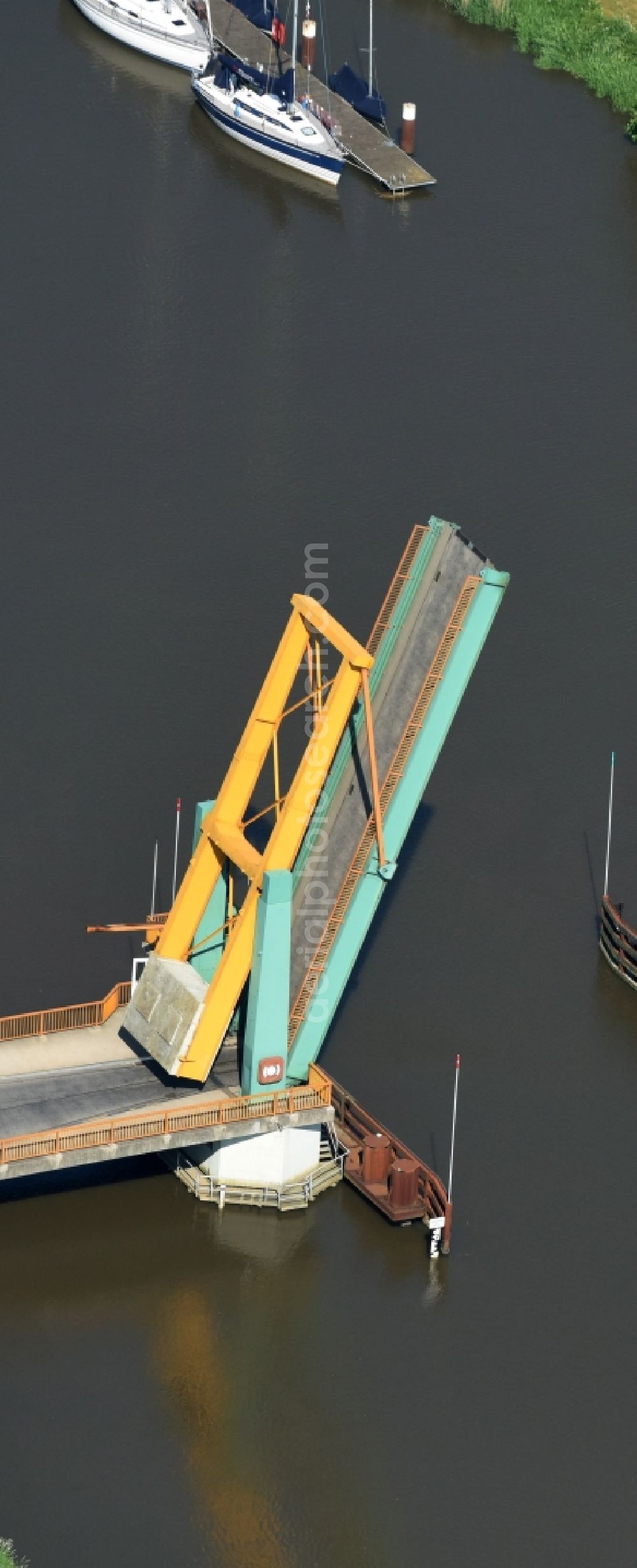 Heiligenstedten from above - River - bridge construction the bascule bridge on the banks of the Stoer river path in Heiligenstedten in the state Schleswig-Holstein