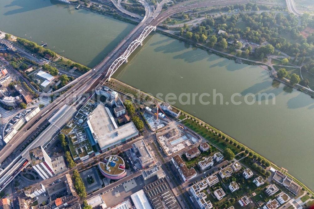 Aerial photograph Ludwigshafen am Rhein - River - bridge construction of the Konrad-Adenauer-bridge for railway and the B37 crossing the Rhine in Ludwigshafen am Rhein in the state Rhineland-Palatinate, Germany