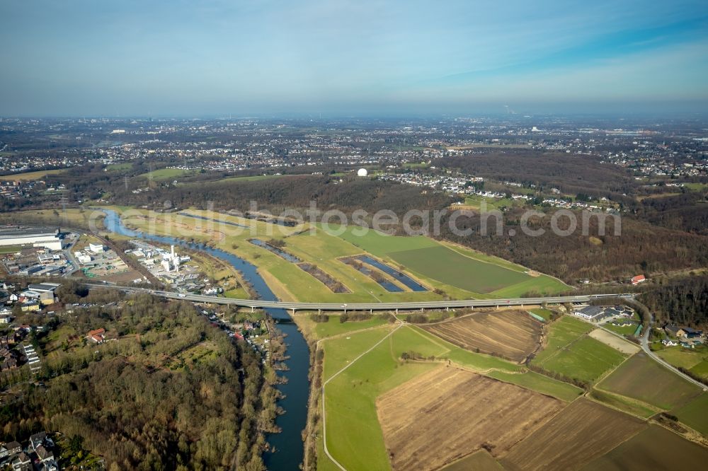 Aerial photograph Bochum - River - bridge construction Kosterbruecke about the Ruhr in Bochum in the state North Rhine-Westphalia, Germany