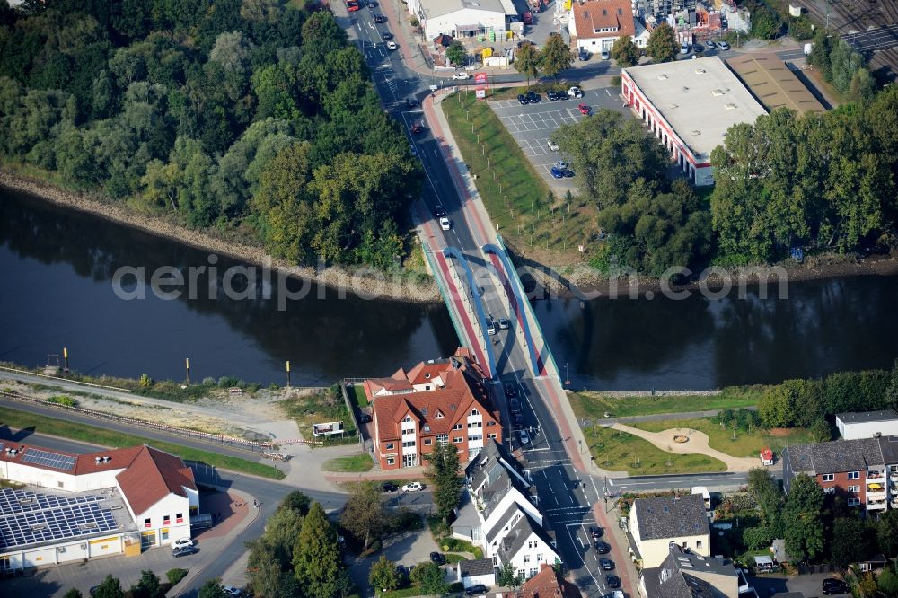 Aerial photograph Bremen - River - bridge construction Lesumbruecke across the river Lesum in the Burglesum part of Bremen in Germany