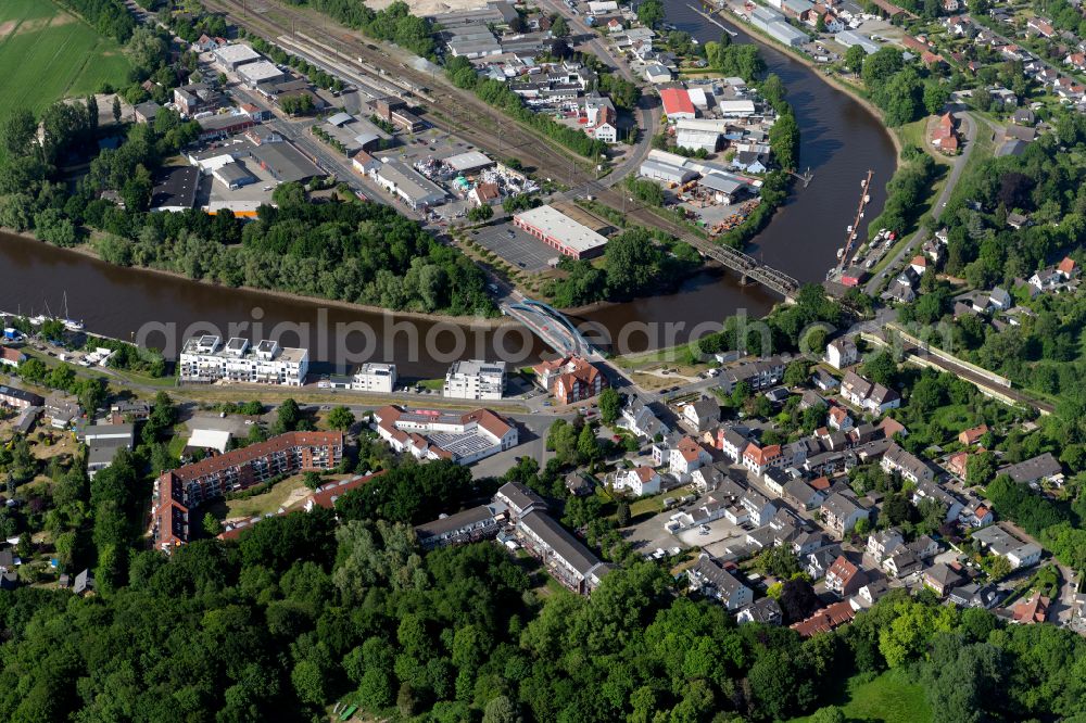 Aerial photograph Bremen - River - bridge construction Lesumbruecke across the river Lesum in the Burglesum part of Bremen in Germany