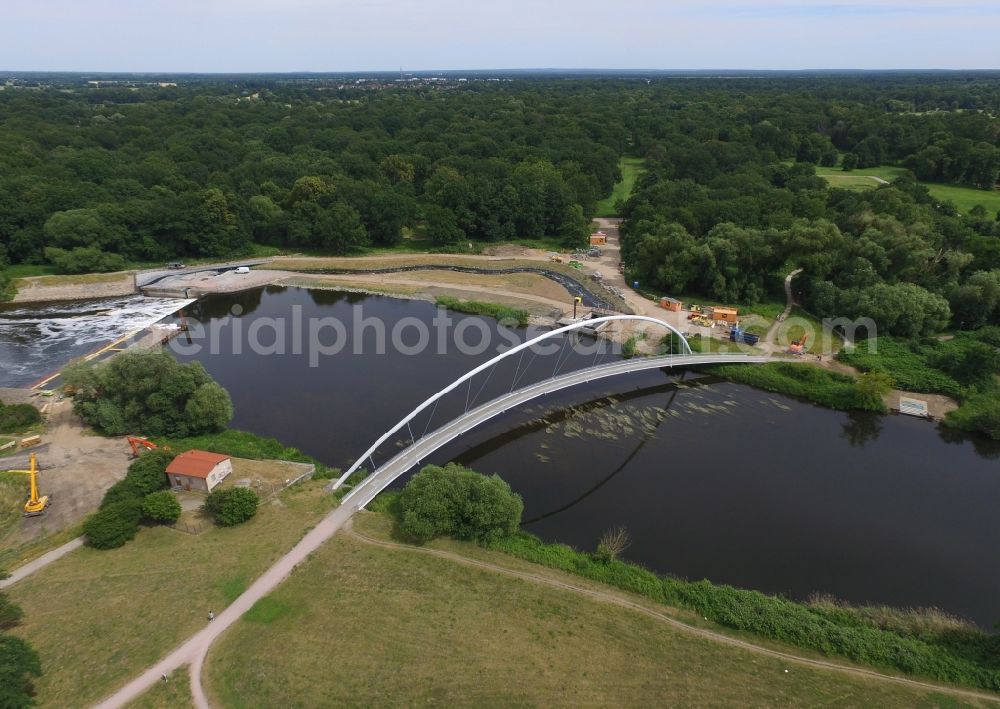 Dessau from above - City view River - bridge construction Neue Muldebruecke in Dessau-Rosslau in the state Saxony-Anhalt, Germany