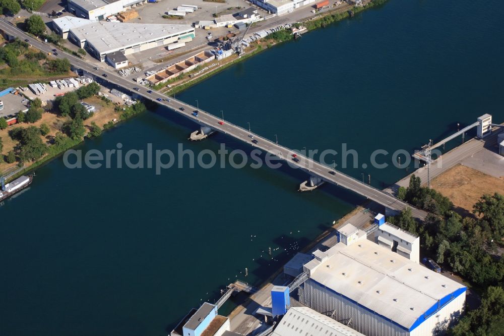 Weil am Rhein from above - River - bridge construction Palmrainbruecke to cross the border between Germany and France in Weil am Rhein in the state Baden-Wuerttemberg, Germany