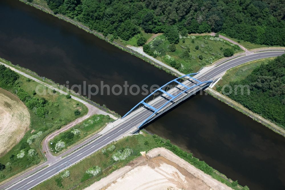 Burg from above - River - bridge construction Parchauer Strassenbruecke over the Elbe-Havel-Channel in Burg in the state Saxony-Anhalt