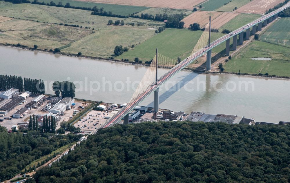 Aerial image Caudebec-en-Caux - River - bridge construction Pont de Brotonne Pont a haubans in Caudebec-en-Caux in Normandie, France