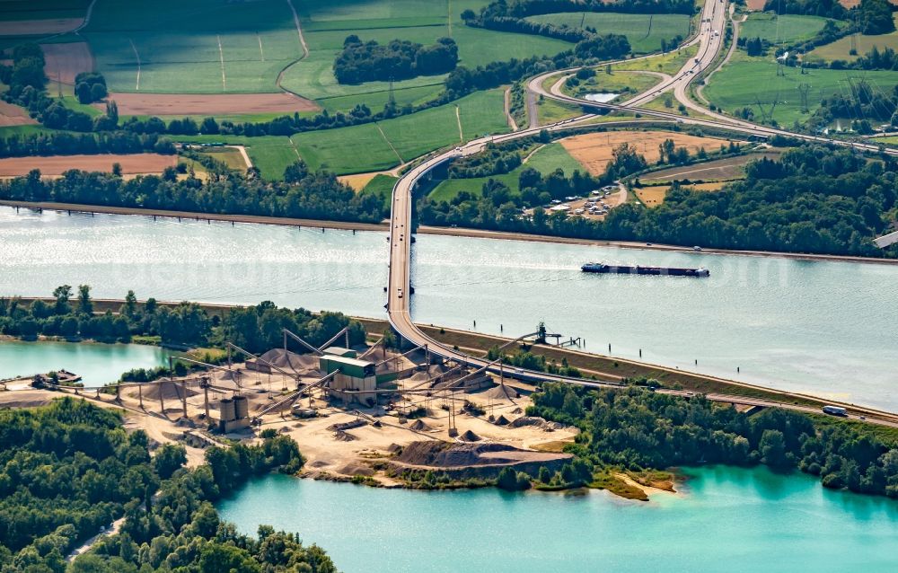 Aerial image Eschau - River - bridge construction on Rhein Pflimlin Bruecke in Eschau in Grand Est, France