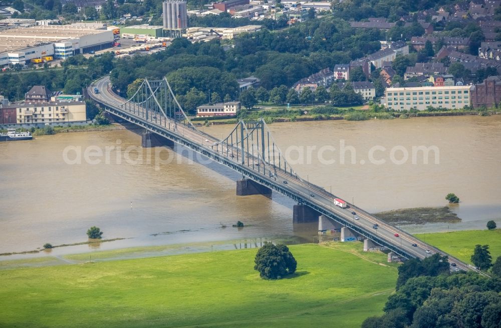 Krefeld from above - River - bridge construction Rheinbruecke Krefeld-Uerdingen across the Rhein in the district Duisburg Sued in Krefeld in the state North Rhine-Westphalia, Germany