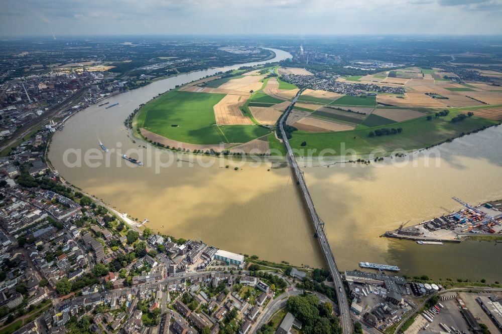 Krefeld from above - River - bridge construction Rheinbruecke Krefeld-Uerdingen across the Rhein in the district Duisburg Sued in Krefeld in the state North Rhine-Westphalia, Germany