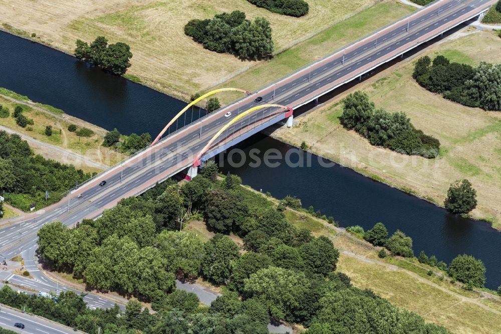 Duisburg from above - River - bridge construction Ruhr Bruecke in Duisburg in the state North Rhine-Westphalia, Germany