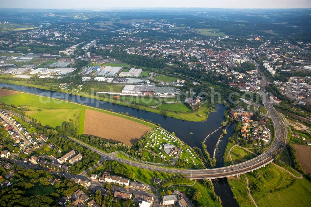 Aerial photograph Hattingen - River - bridge construction Ruhrbruecke of the Street Bochumer Strasse in Hattingen in the state North Rhine-Westphalia