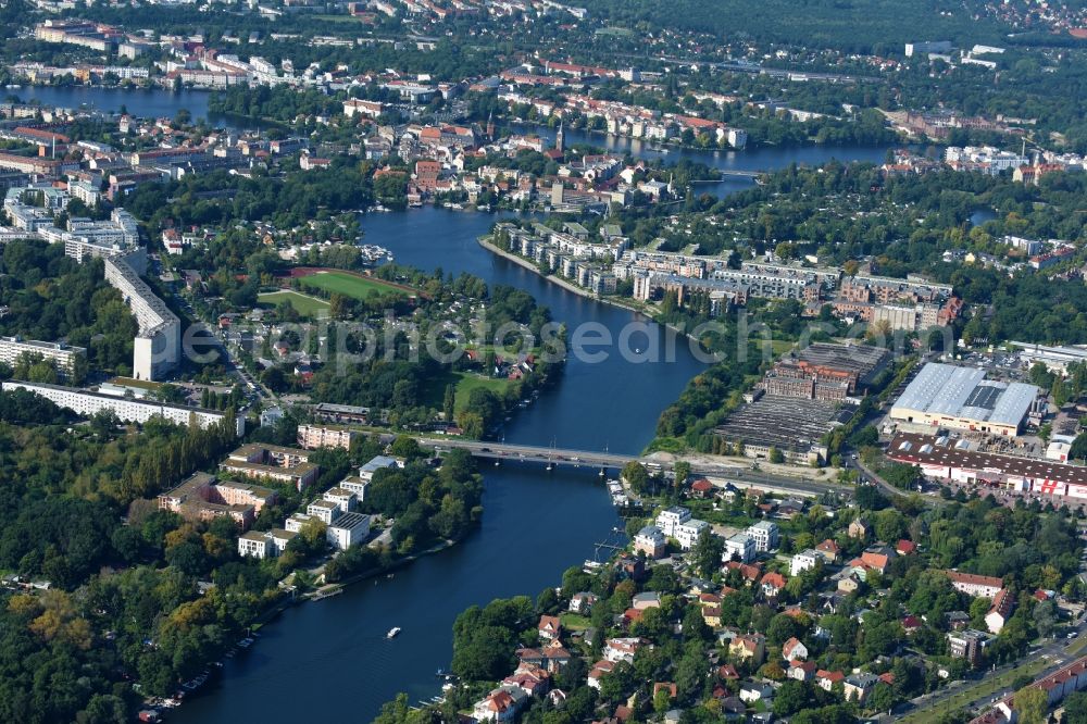 Aerial photograph Berlin - River - bridge construction of Salvador-Allende-Strasse between Wendenschloss and Hirschgarten in Berlin, Germany