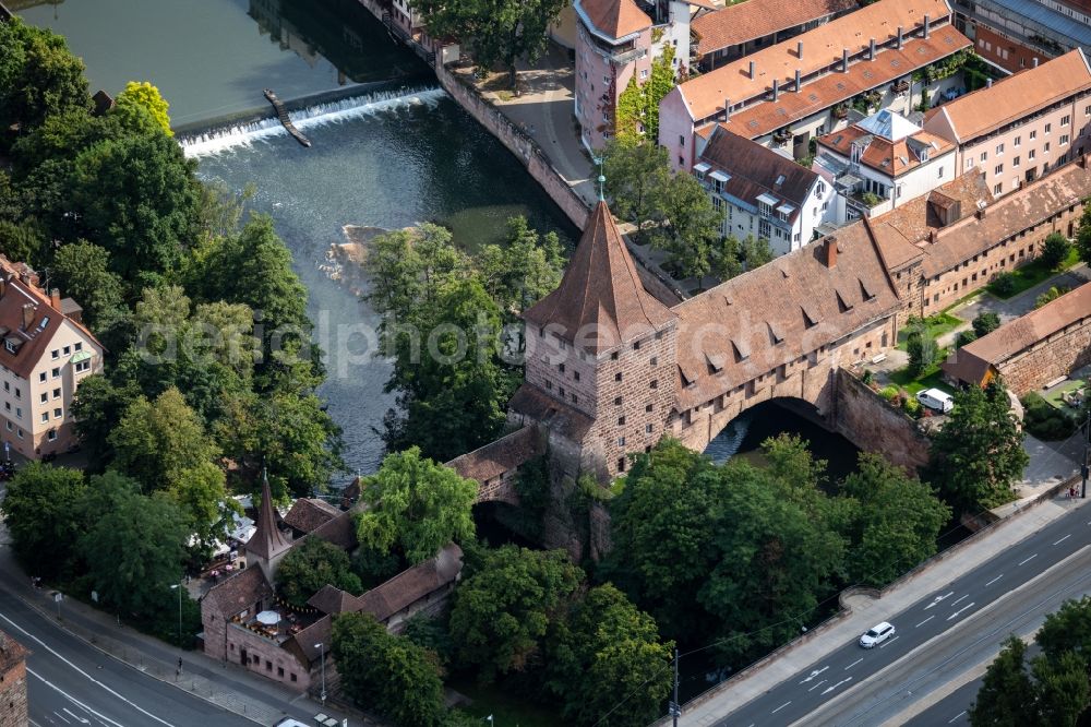 Nürnberg from the bird's eye view: River - bridge construction Schlayerturm in Nuremberg in the state Bavaria, Germany