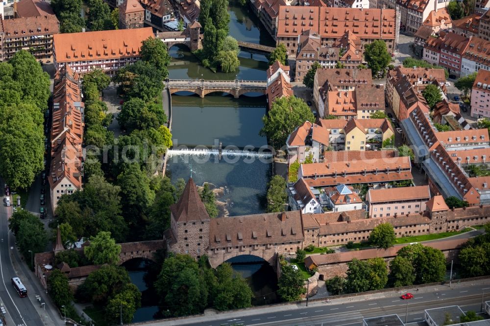 Aerial image Nürnberg - River - bridge construction Schlayerturm in Nuremberg in the state Bavaria, Germany