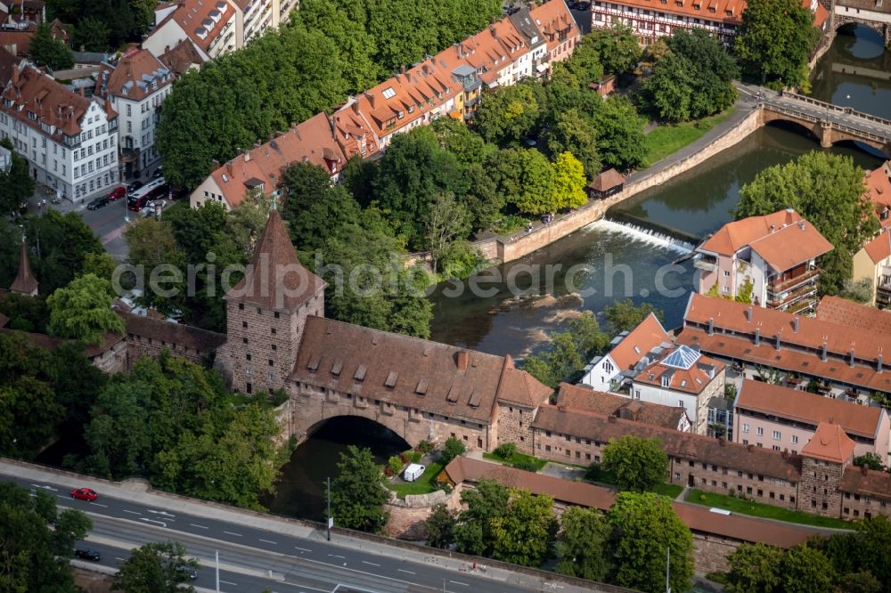 Aerial photograph Nürnberg - River - bridge construction Schlayerturm in Nuremberg in the state Bavaria, Germany