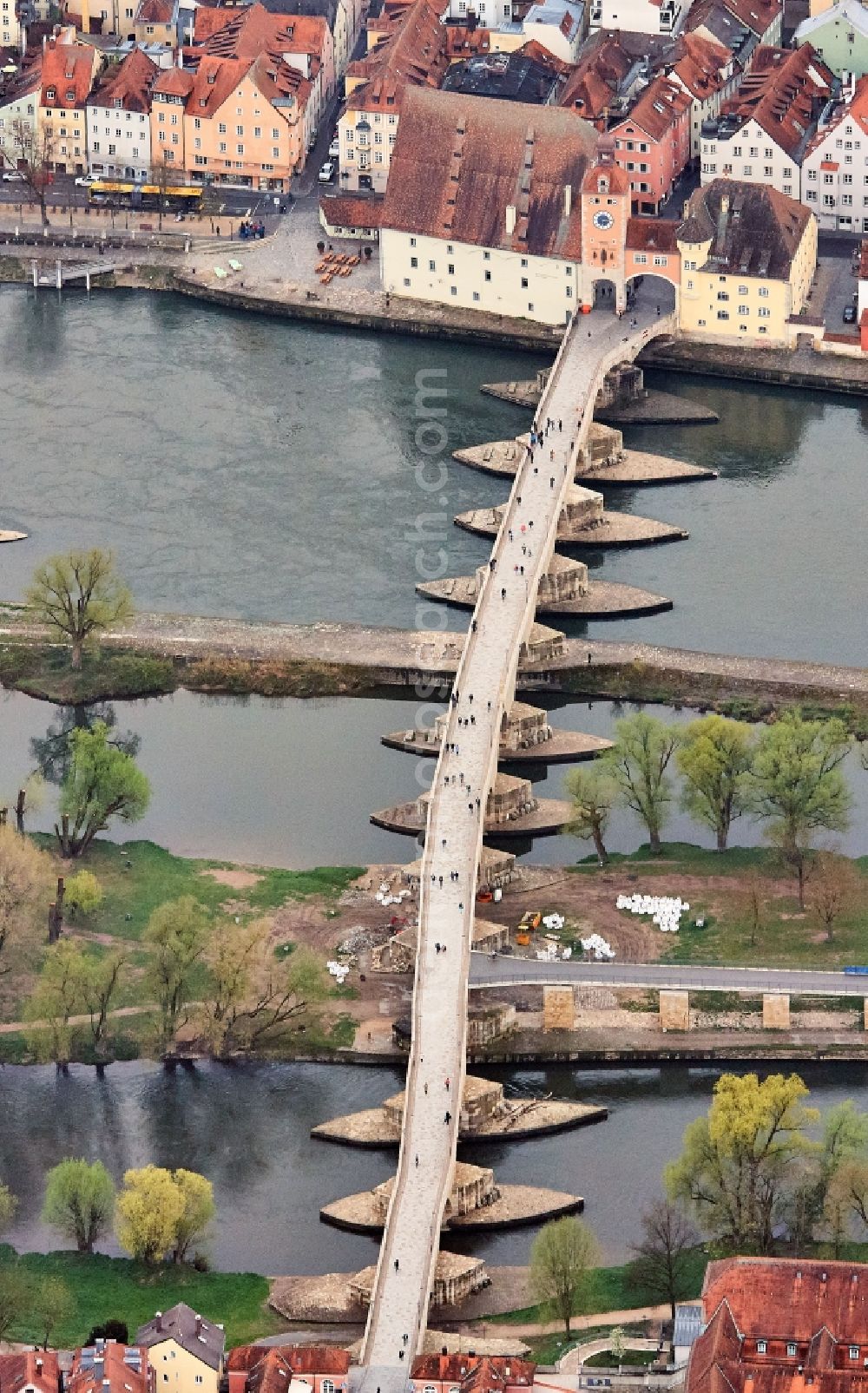 Aerial image Regensburg - River - bridge construction Steinerne Bruecke on danube river in the district Innenstadt in Regensburg in the state Bavaria, Germany