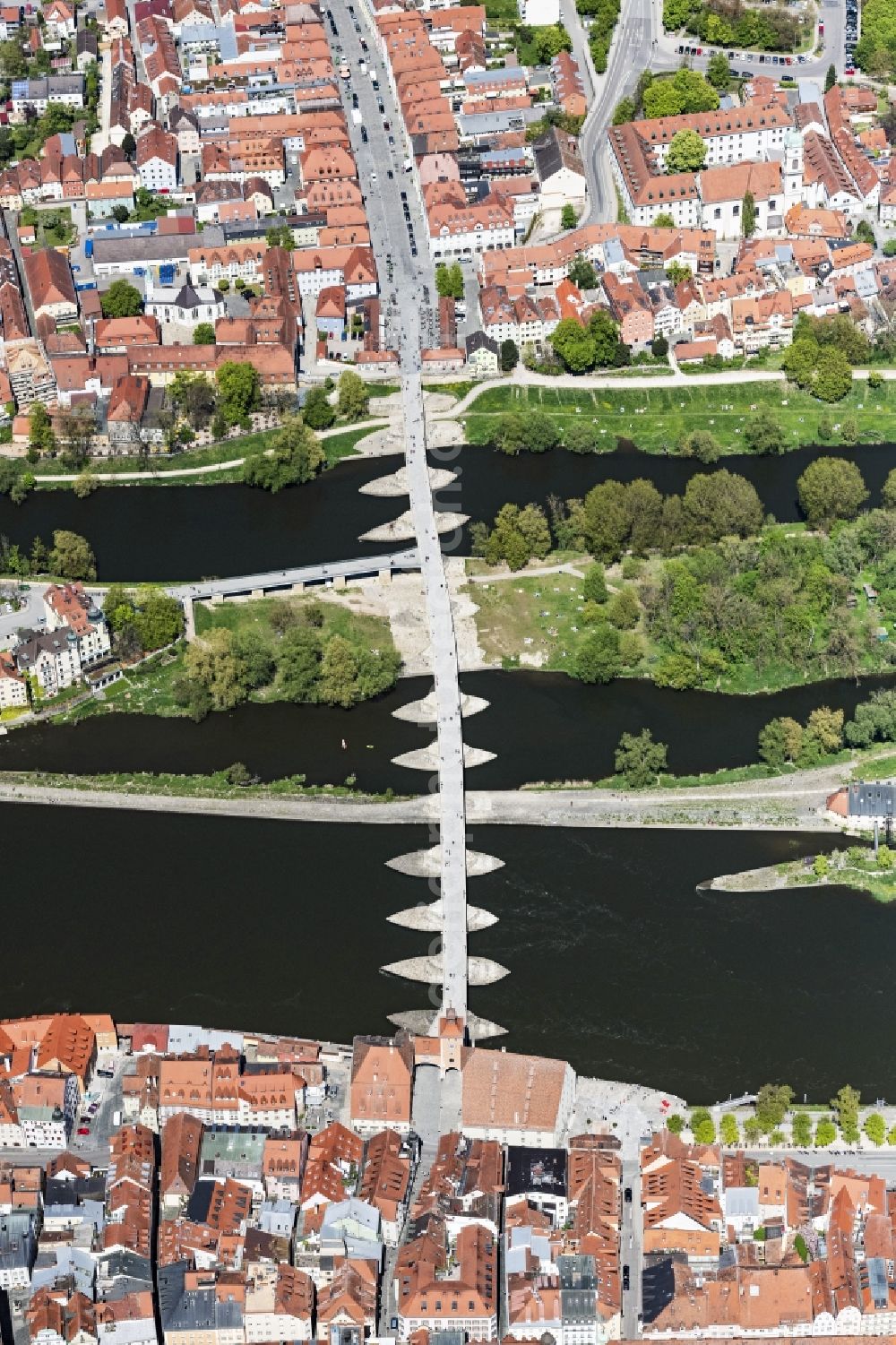 Aerial image Regensburg - River - bridge construction Steinerne Bruecke on danube river in the district Innenstadt in Regensburg in the state Bavaria, Germany