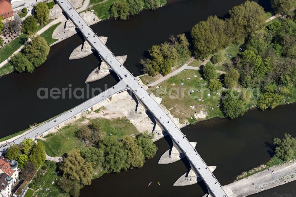 Regensburg from above - River - bridge construction Steinerne Bruecke on danube river in the district Innenstadt in Regensburg in the state Bavaria, Germany