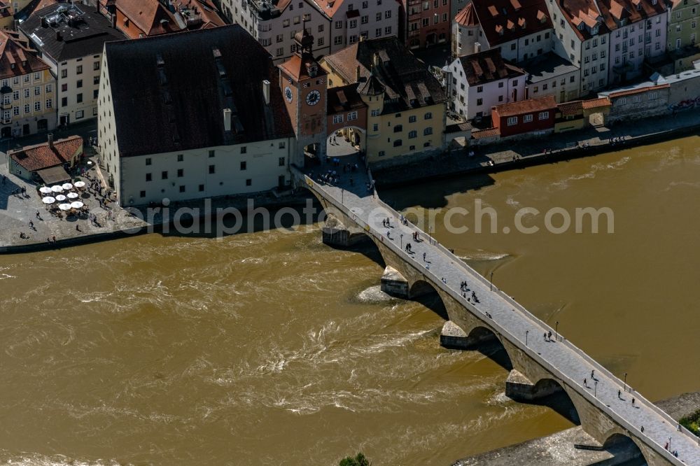 Aerial image Regensburg - River - bridge construction Steinerne Bruecke on danube river in the district Innenstadt in Regensburg in the state Bavaria, Germany