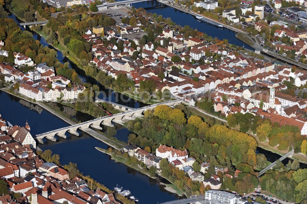 Regensburg from above - River - bridge construction Steinerne Bruecke on danube river in the district Innenstadt in Regensburg in the state Bavaria, Germany