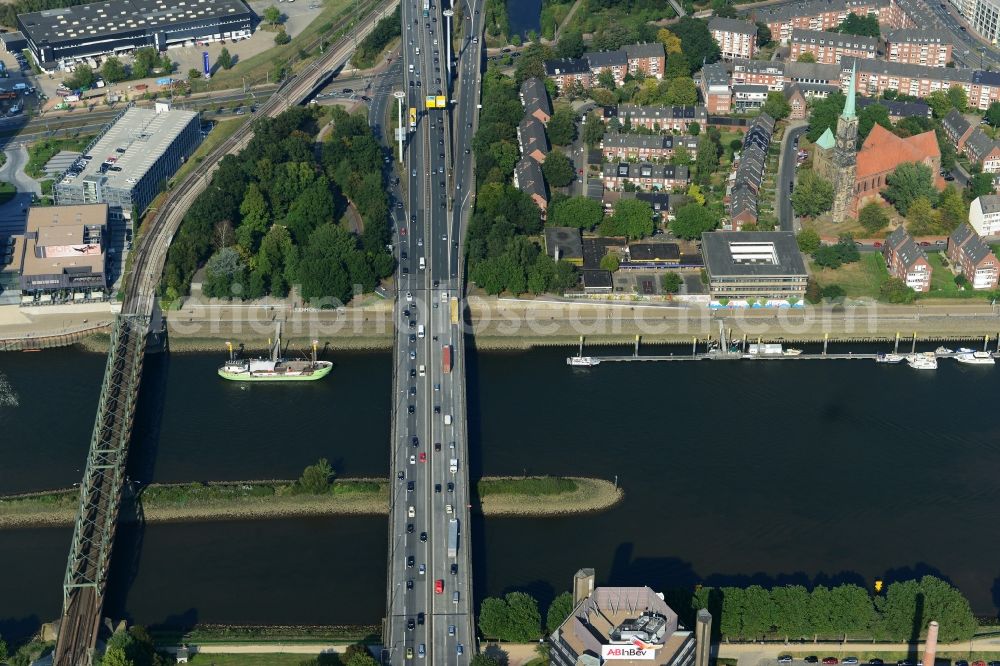 Aerial photograph Bremen - River - bridge construction Stephanibruecke and railway bridge across the river Weser in the North of the Hanseatic city of Bremen in Germany