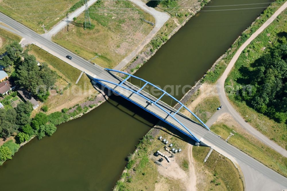 Aerial image Wusterwitz - Strassenbruecke Wusterwitz Bridge across the Elbe-Havel-Canal in the North of Wusterwitz in the state of Brandenburg. The county road L96 takes its course across the blue steel arc bridge