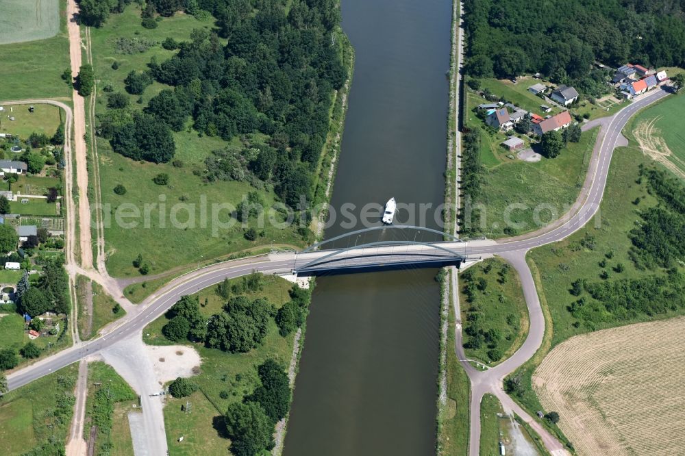 Aerial image Elbe-Parey - River - bridge construction Werder Strassenbruecke in Elbe-Parey in the state Saxony-Anhalt