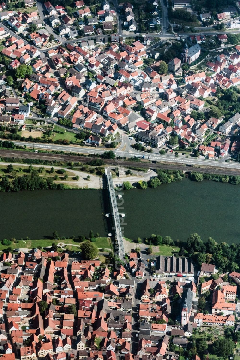 Aerial image Zellingen - River - bridge construction Zellinger bridge in Zellingen in the state Bavaria