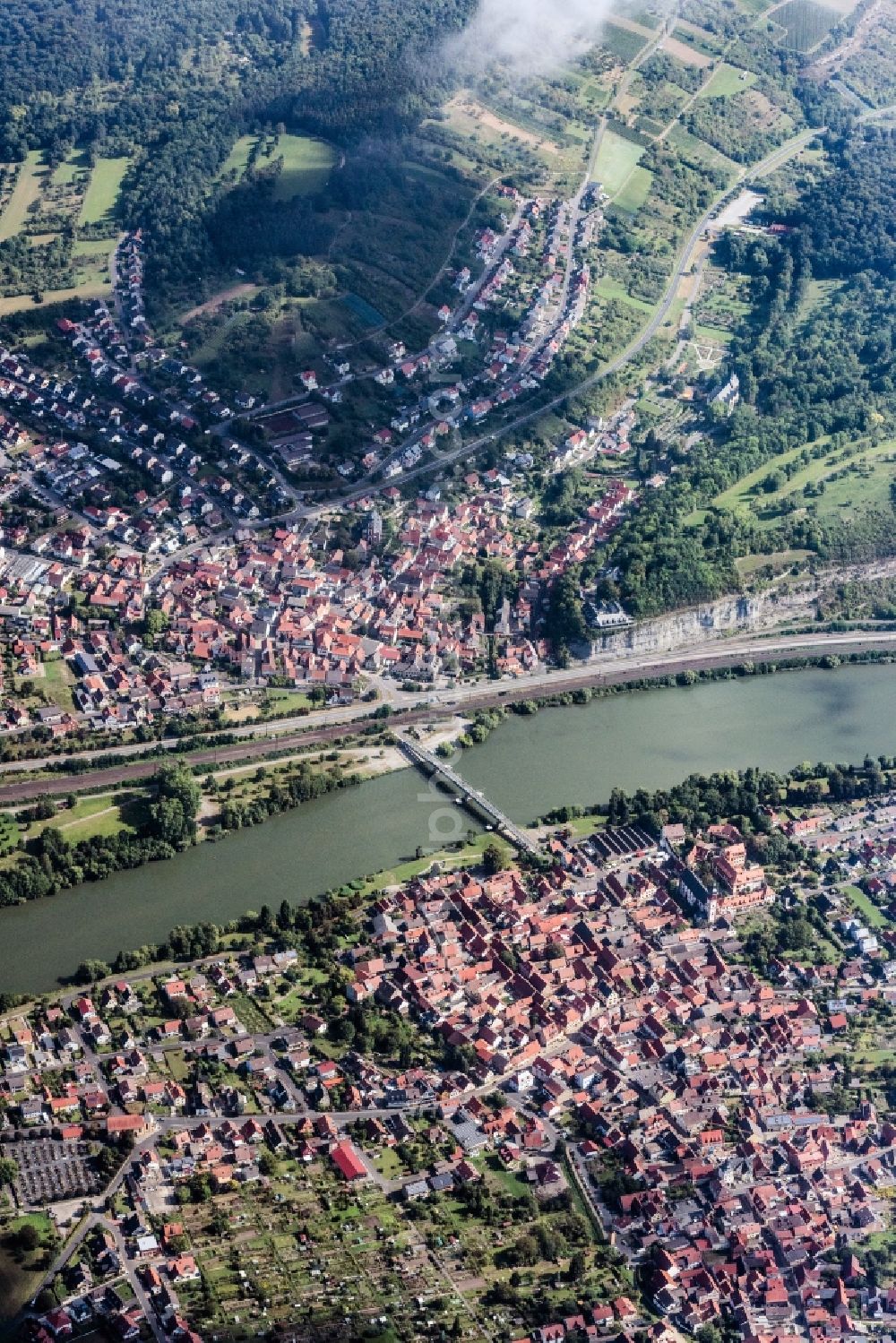 Aerial photograph Zellingen - River - bridge construction Zellinger bridge in Zellingen in the state Bavaria