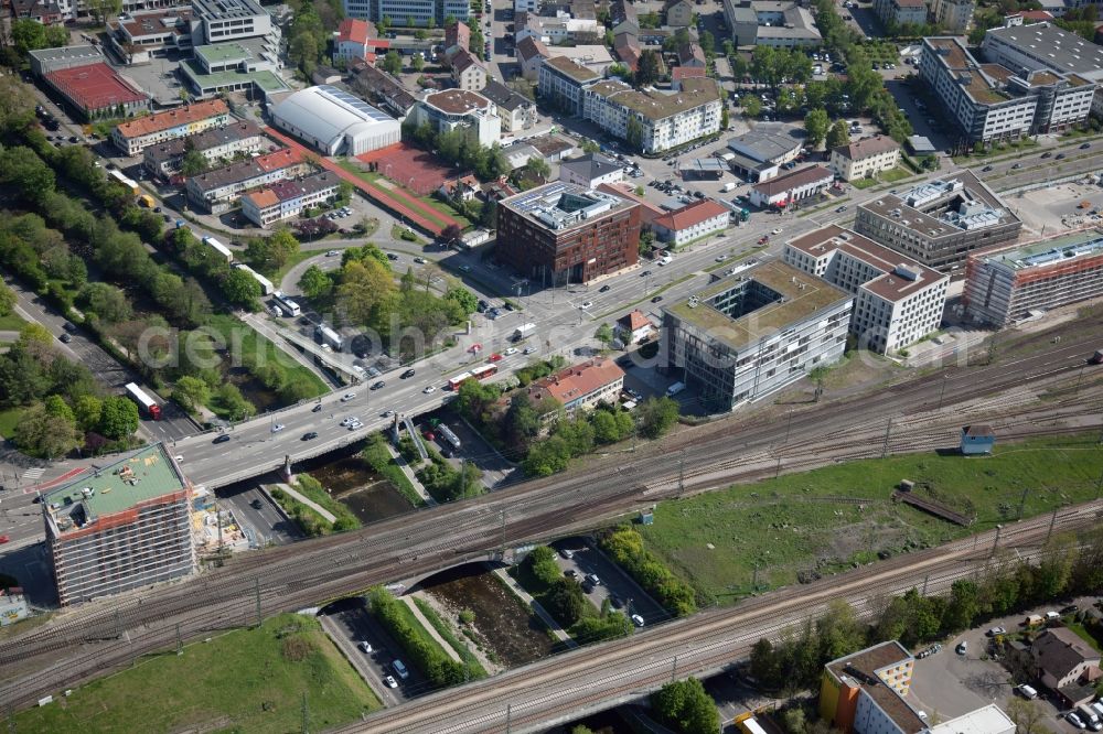 Freiburg im Breisgau from the bird's eye view: River - bridge construction over the Dreisam in Freiburg im Breisgau in the state Baden-Wuerttemberg