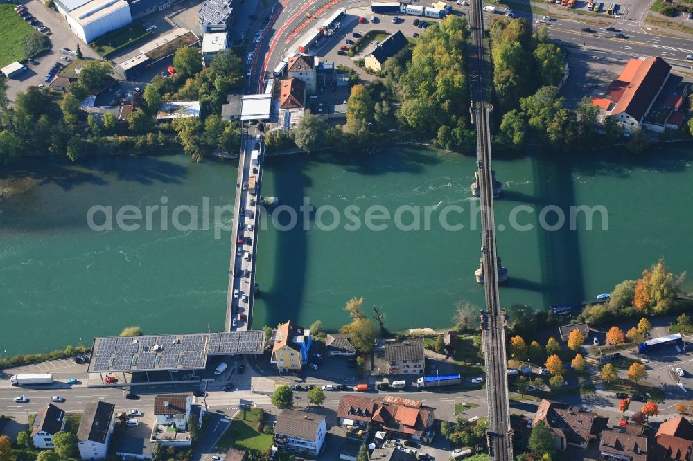 Koblenz from the bird's eye view: River - bridges for cars and railway for crossing the border between Switzerland and Germany over the river Rhine in Koblenz in the canton Aargau, Switzerland