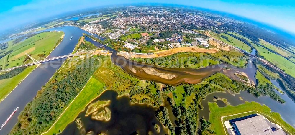 Wesel from above - River delta in the mouth of the Lippe in the district Fusternberg in Wesel in the state North Rhine-Westphalia, Germany