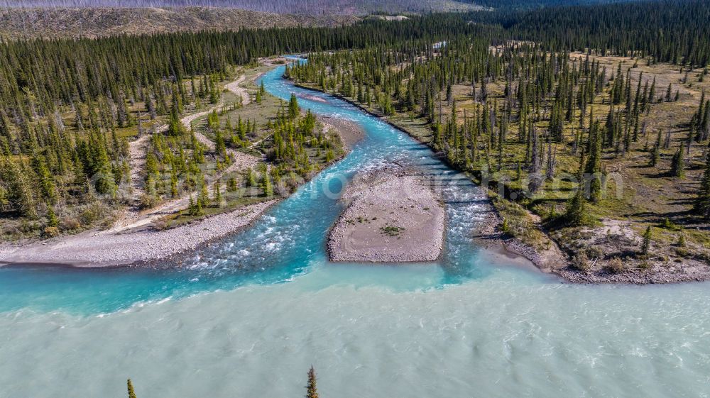 Saskatchewan River Crossing from the bird's eye view: River Delta and estuary Mistaya River and North Saskatchewan River on street Icefields Parkway in Saskatchewan River Crossing in Alberta, Canada