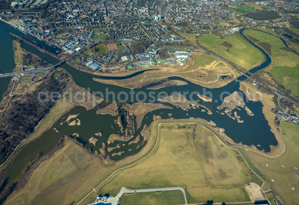 Aerial photograph Wesel - River Delta and estuary between lippe and rhine in the district Lippedorf in Wesel in the state North Rhine-Westphalia, Germany