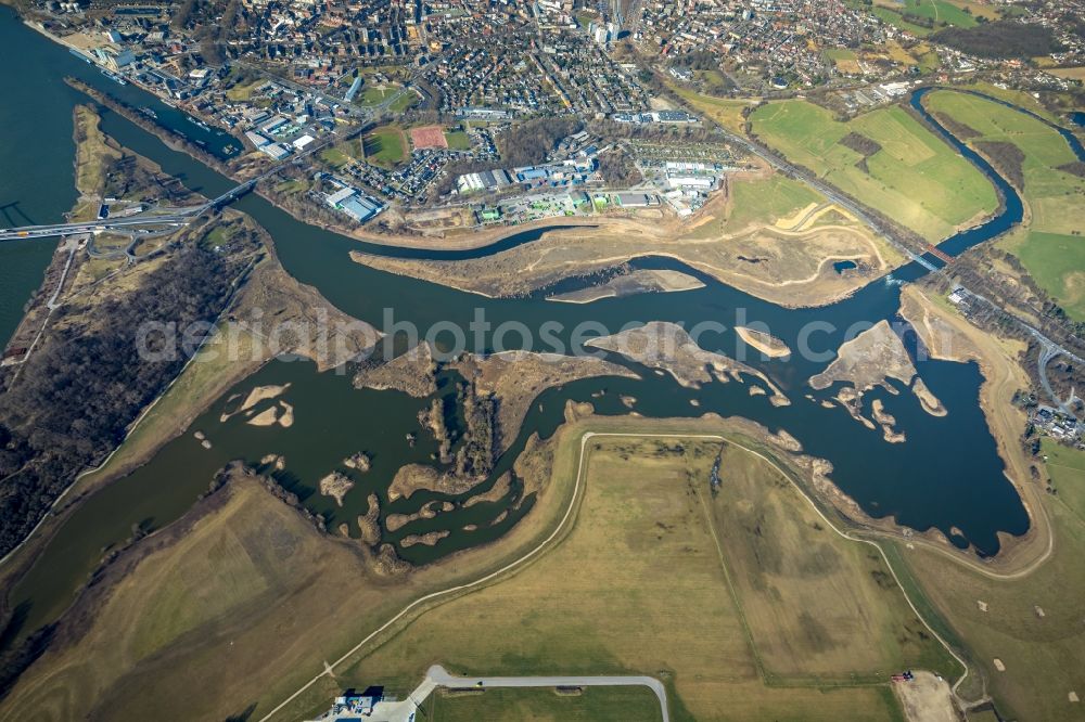 Wesel from above - River Delta and estuary between lippe and rhine in the district Lippedorf in Wesel in the state North Rhine-Westphalia, Germany