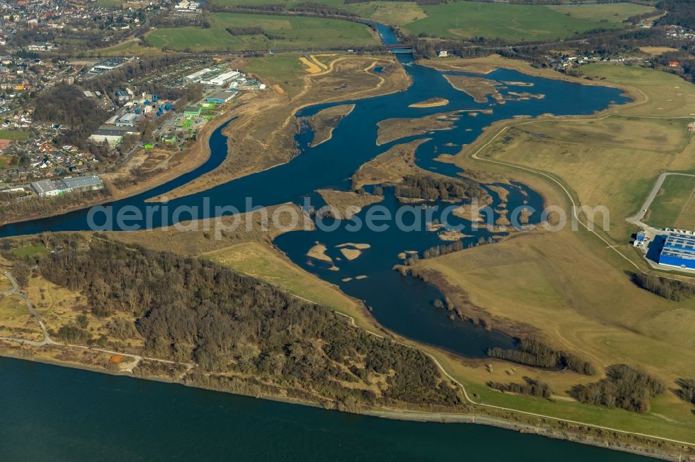 Aerial photograph Wesel - River Delta and estuary between lippe and rhine in the district Lippedorf in Wesel in the state North Rhine-Westphalia, Germany