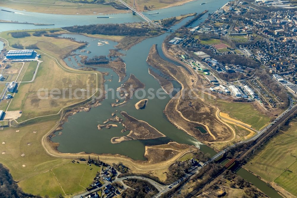 Wesel from above - River Delta and estuary between lippe and rhine in the district Lippedorf in Wesel in the state North Rhine-Westphalia, Germany