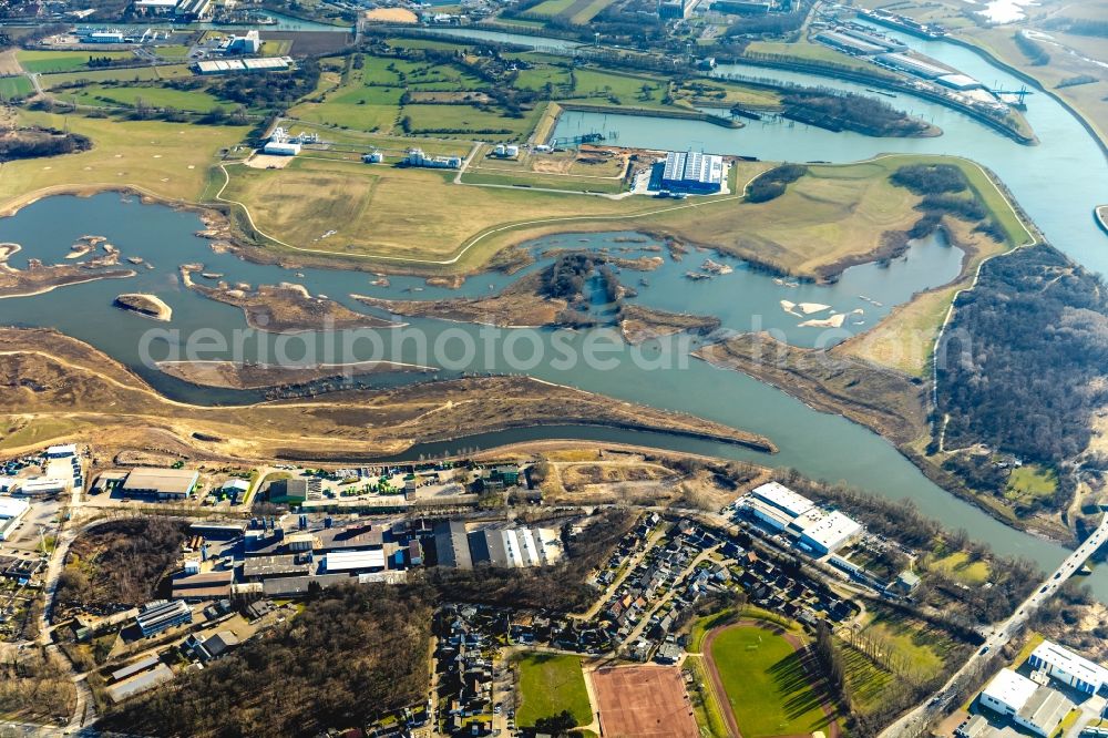 Aerial image Wesel - River Delta and estuary between lippe and rhine in the district Lippedorf in Wesel in the state North Rhine-Westphalia, Germany