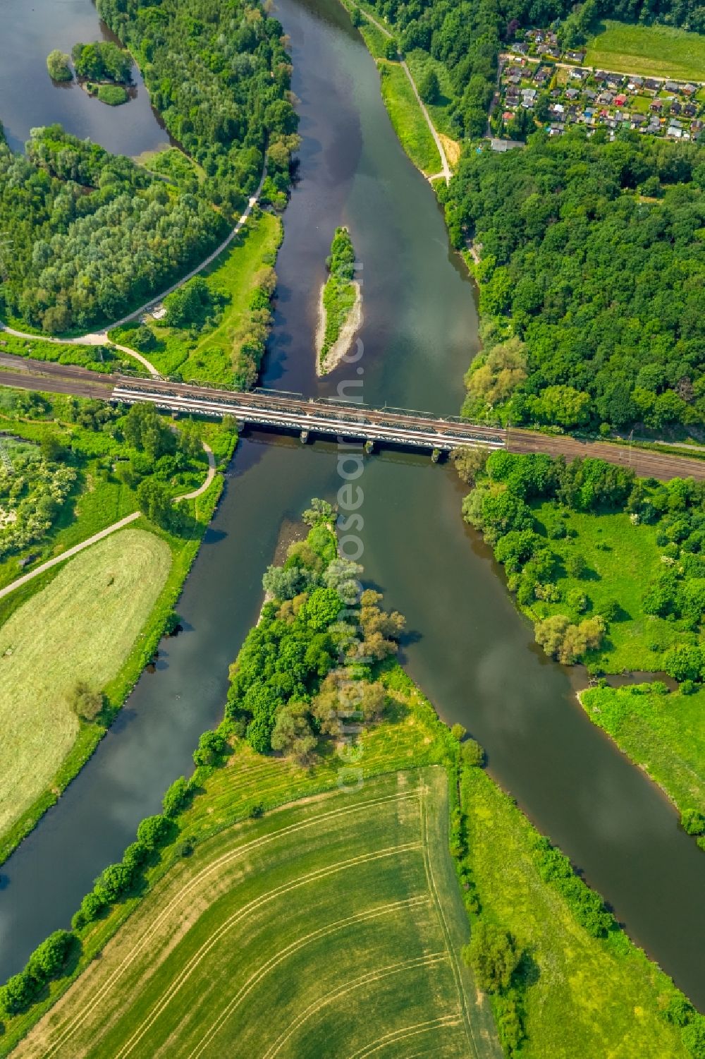 Aerial image Hagen - River Delta and estuary between Ruhr and Lenne in the district Hoerde in Hagen in the state North Rhine-Westphalia, Germany