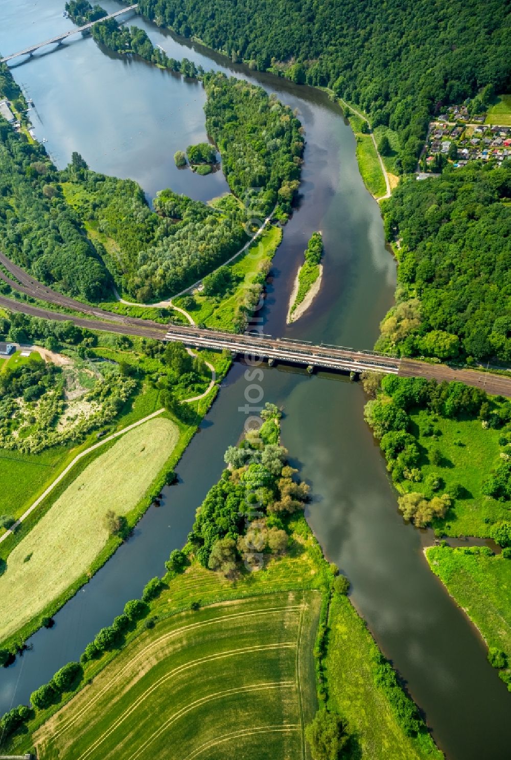 Hagen from above - River Delta and estuary between Ruhr and Lenne in the district Hoerde in Hagen in the state North Rhine-Westphalia, Germany