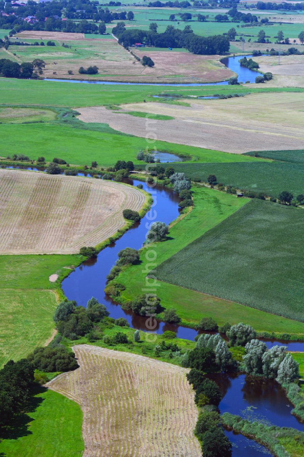 Unterlüß from above - Meandering, serpentine curve of river of Aller in Unterluess in the state Lower Saxony, Germany