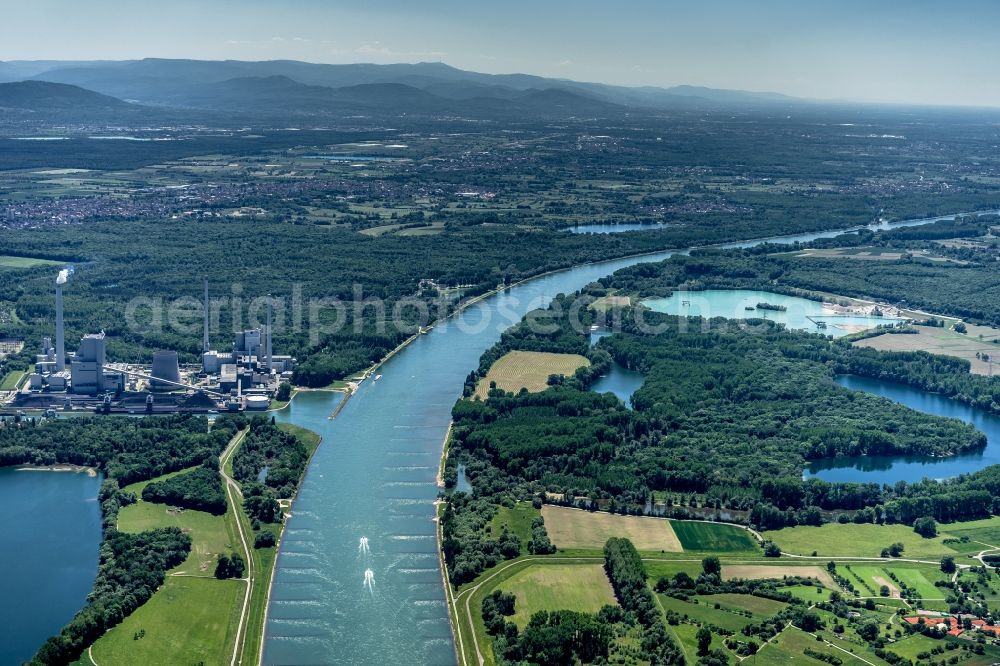 Karlsruhe from above - Groyne head of the Rheine river course in Karlsruhe in the state Baden-Wuerttemberg, Germany