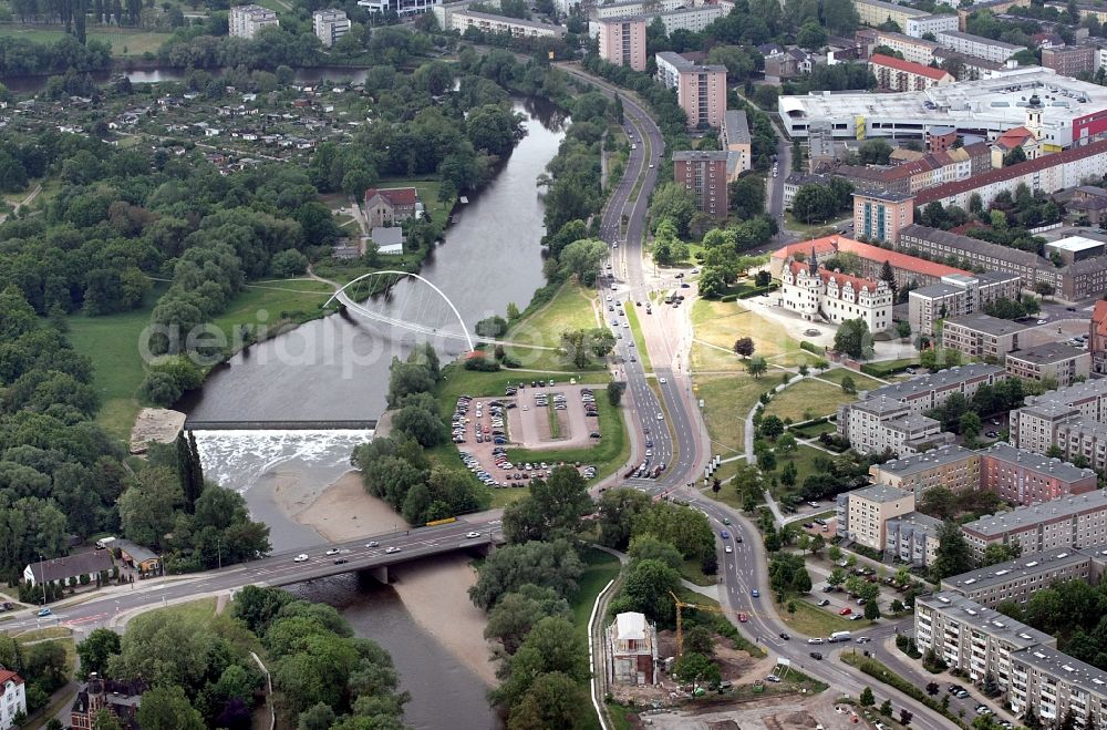 Aerial photograph Dessau-Roßlau - Palace Museum fuer Stadtgeschichte on Schlossplatz in Dessau-Rosslau in the state Saxony-Anhalt, Germany. Castle and church Marienkirche . city view river Mulde