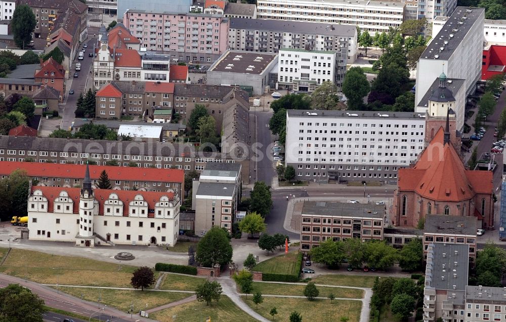 Dessau-Roßlau from above - Palace Museum fuer Stadtgeschichte on Schlossplatz in Dessau-Rosslau in the state Saxony-Anhalt, Germany. Castle and church Marienkirche . city view river Mulde