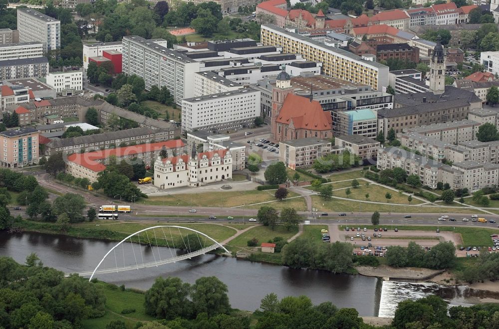 Dessau-Roßlau from the bird's eye view: Palace Museum fuer Stadtgeschichte on Schlossplatz in Dessau-Rosslau in the state Saxony-Anhalt, Germany. Castle and church Marienkirche . city view river Mulde