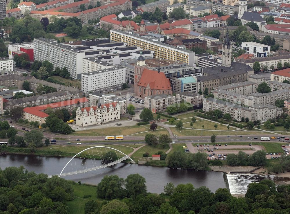 Aerial image Dessau-Roßlau - Palace Museum fuer Stadtgeschichte on Schlossplatz in Dessau-Rosslau in the state Saxony-Anhalt, Germany. Castle and church Marienkirche . city view river Mulde