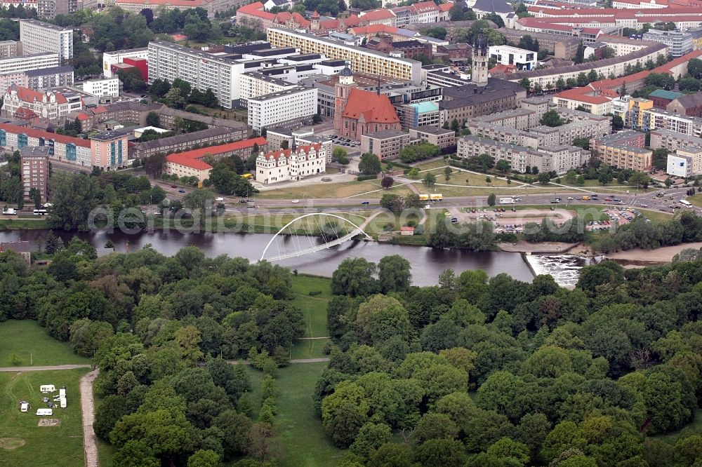 Dessau-Roßlau from above - Palace Museum fuer Stadtgeschichte on Schlossplatz in Dessau-Rosslau in the state Saxony-Anhalt, Germany. Castle and church Marienkirche . city view river Mulde