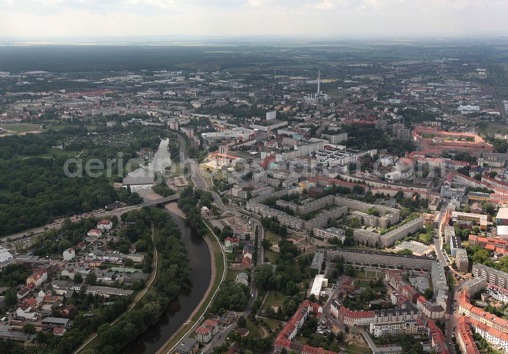 Dessau-Roßlau from the bird's eye view: Palace Museum fuer Stadtgeschichte on Schlossplatz in Dessau-Rosslau in the state Saxony-Anhalt, Germany. Castle and church Marienkirche . city view river Mulde