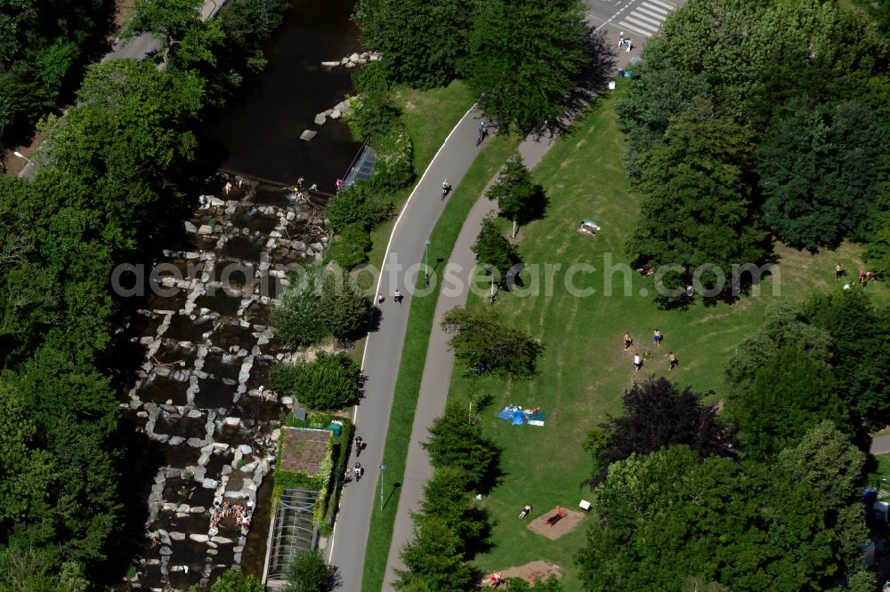 Aerial image Freiburg im Breisgau - Town on the banks of the river of Dreisam bei Niedrigwasser on street Fritz-Horch-Weg in Freiburg im Breisgau in the state Baden-Wuerttemberg, Germany